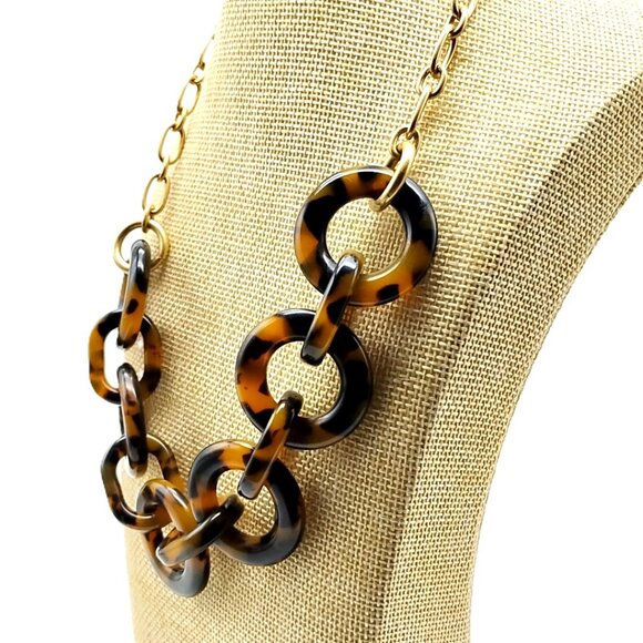 J. Crew Tortoise Shell Chain Link Statement Necklace Gold Tone Chunky - Picture 9 of 11